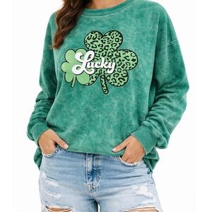 Zenana Lucky Shamrock Graphic Green Acid Wash Oversized Sweatshirt Size L